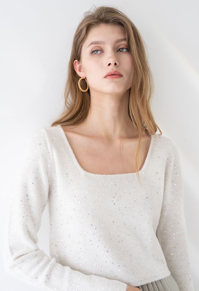 Sequins Square Neck Fluffy Crop Knit Top in Ivory