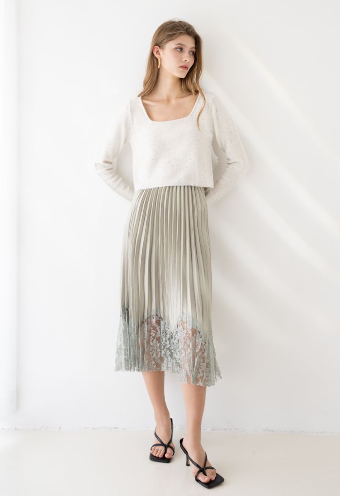 Pleated Sheen Flower Lace Hem Midi Skirt in Olive