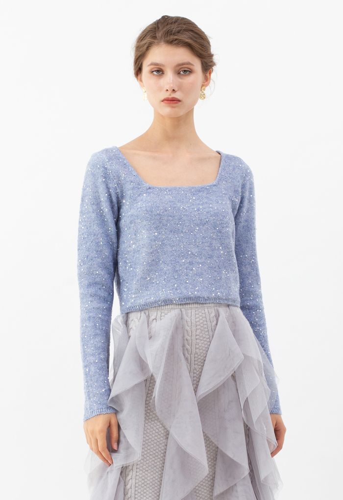 Sequins Square Neck Fluffy Crop Knit Top in Blue