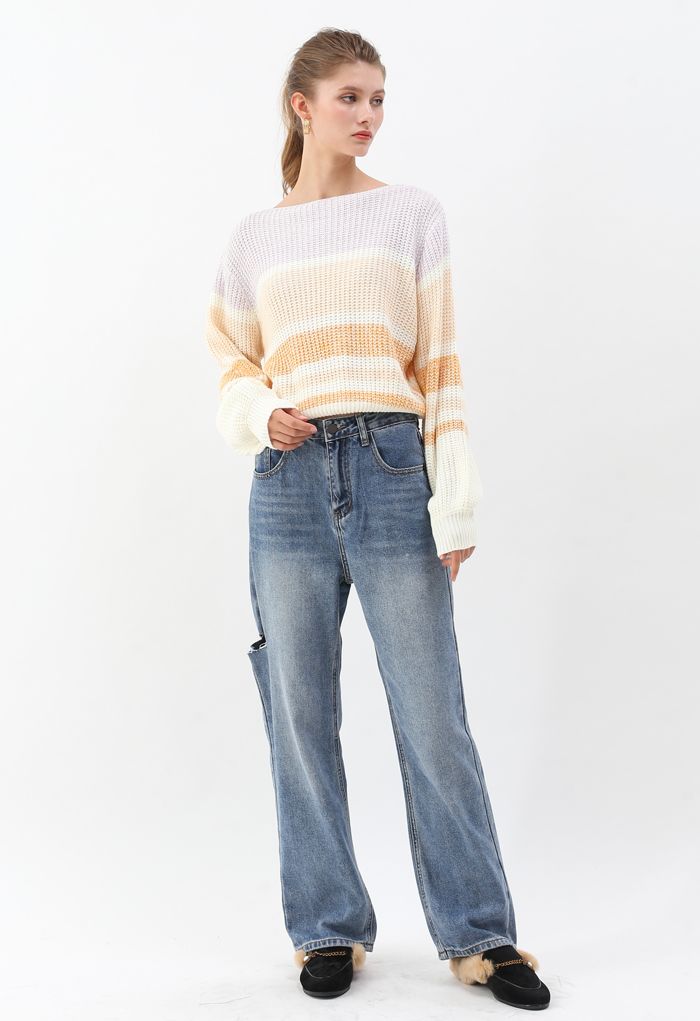 Color Blocked Boat Neck Ribbed Knit Sweater
