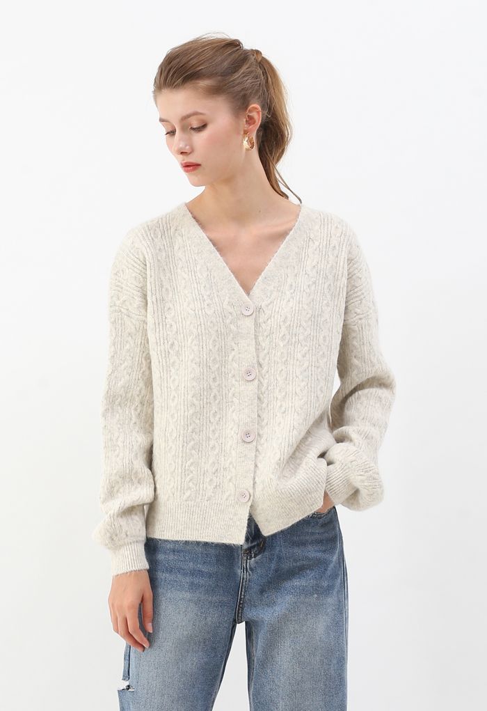 Braid Buttoned Fuzzy Knit Cardigan in Ivory