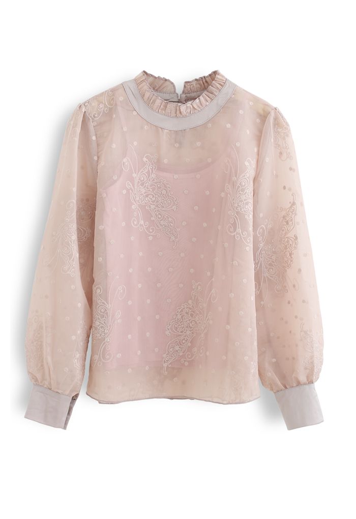 Butterfly Dots Embroidered Organza Sheer Top in Dusty Pink