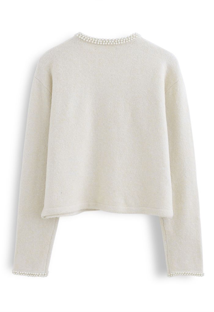 Shiny Pearly Round Neck Fluffy Knit Sweater in Cream