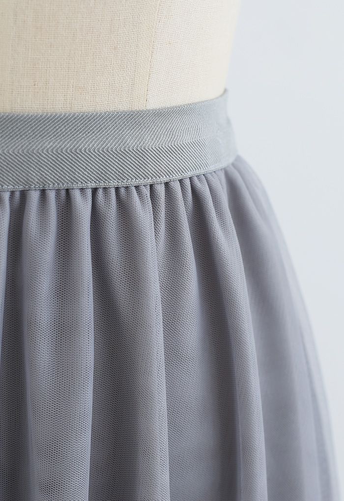 Tassel Lace Double-Layered Tulle Mesh Skirt in Grey