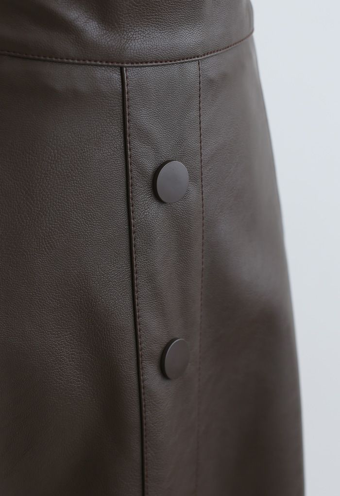Buttoned Soft Faux Leather A-Line Skirt in Brown