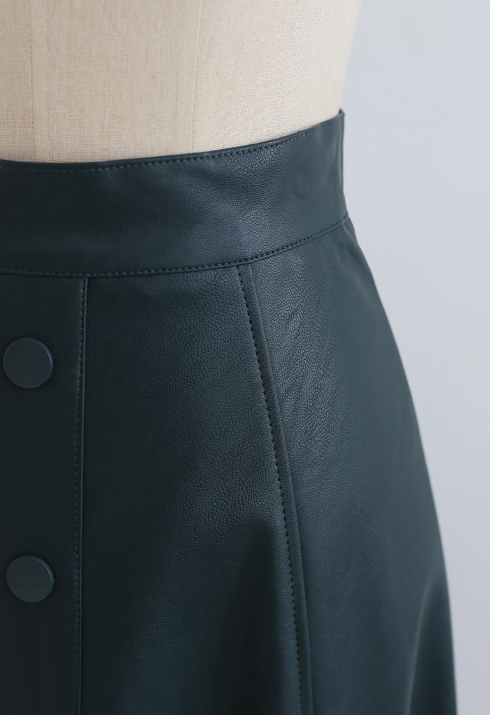 Buttoned Soft Faux Leather A-Line Skirt in Dark Green