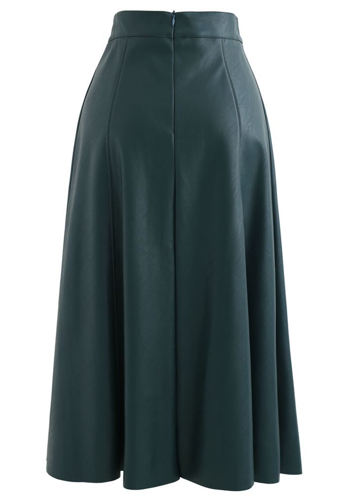 Buttoned Soft Faux Leather A-Line Skirt in Dark Green