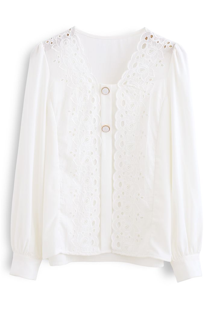 Embroidered Floral Button Trim Top in White