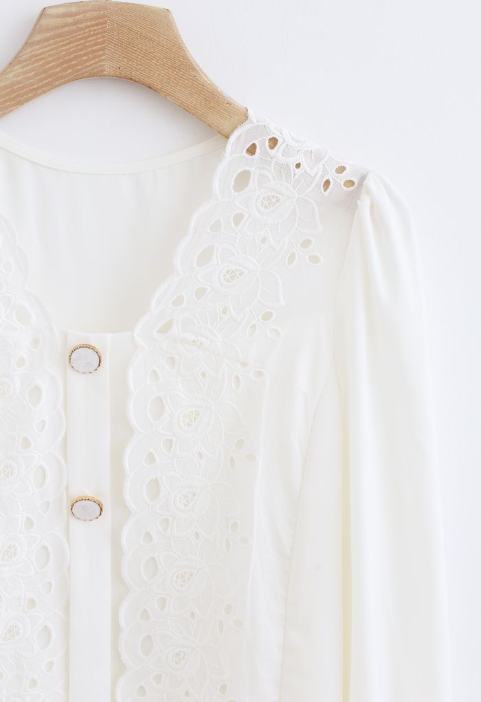 Embroidered Floral Button Trim Top in White