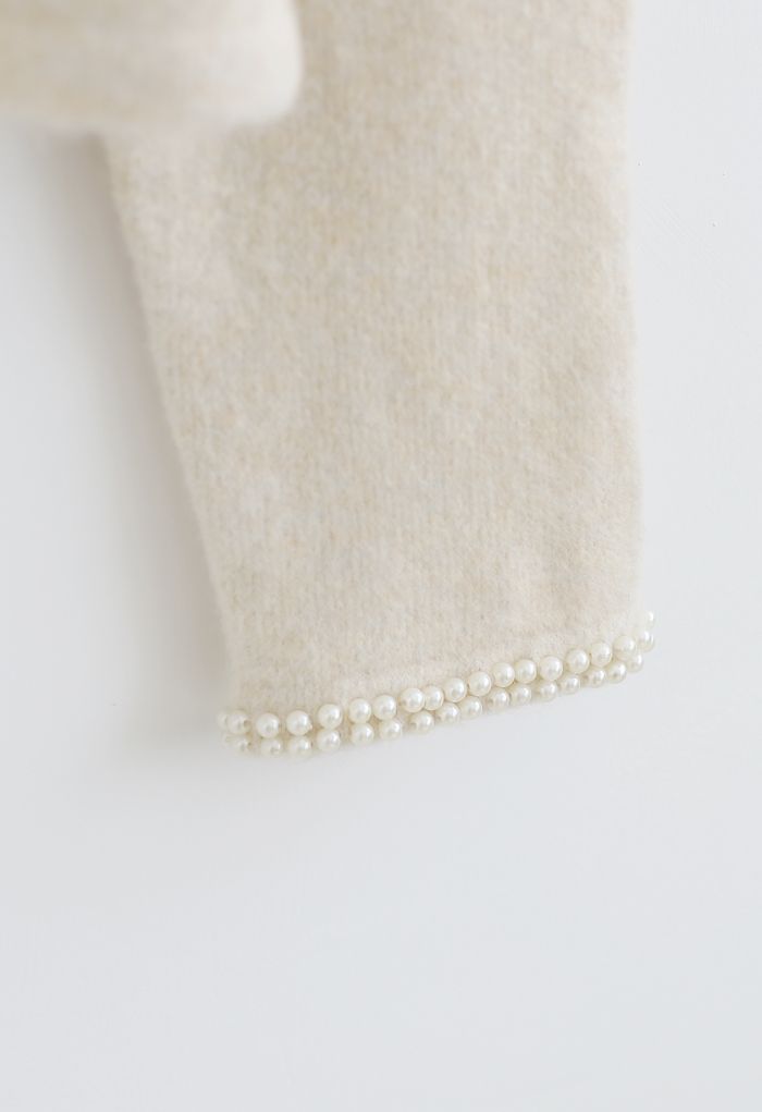 Shiny Pearly Round Neck Fluffy Knit Sweater in Cream