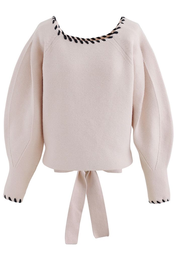 Braid Edge Bowknot Puff Sleeves Sweater in Nude Pink