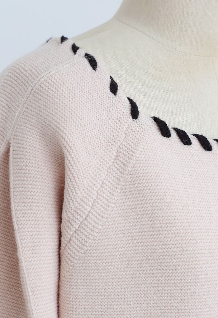 Braid Edge Bowknot Puff Sleeves Sweater in Nude Pink