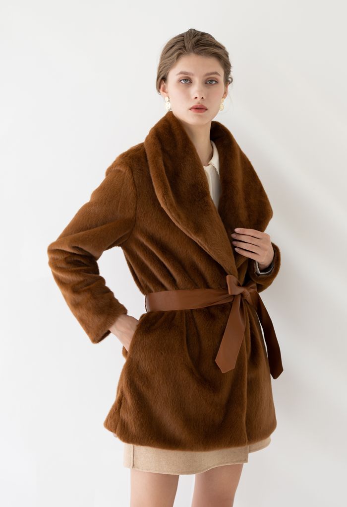 Faux Fur PU Leather Belted Coat in Brown