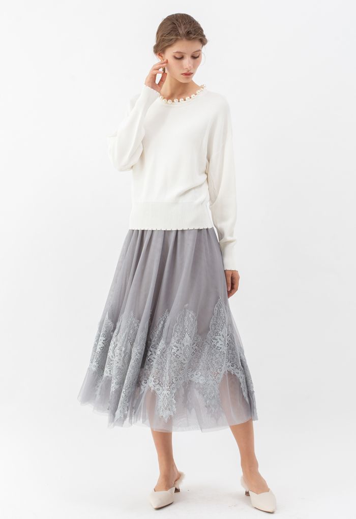 Tassel Lace Double-Layered Tulle Mesh Skirt in Grey