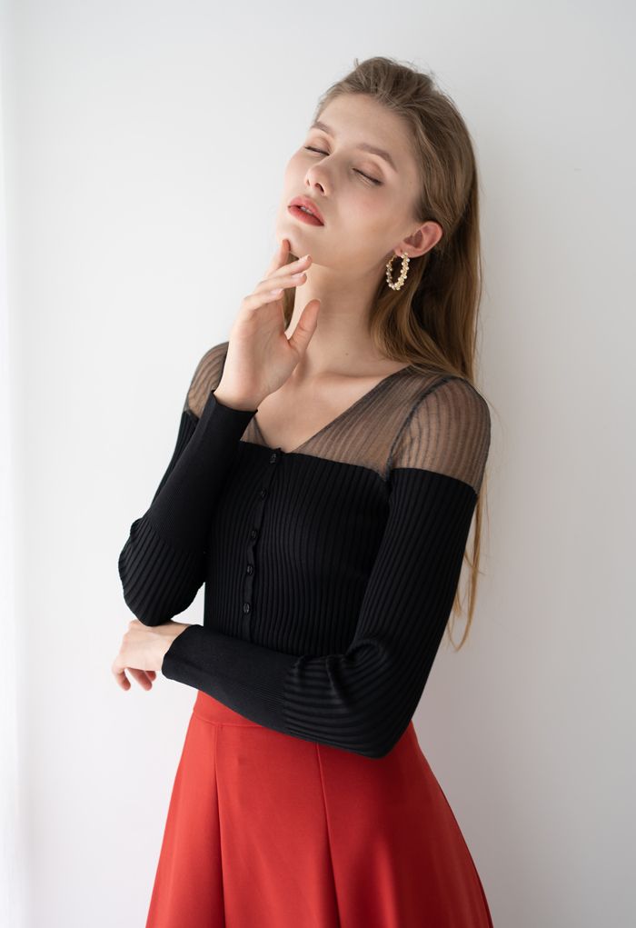 Mesh Shoulder Buttoned Fitted Knit Top in Black