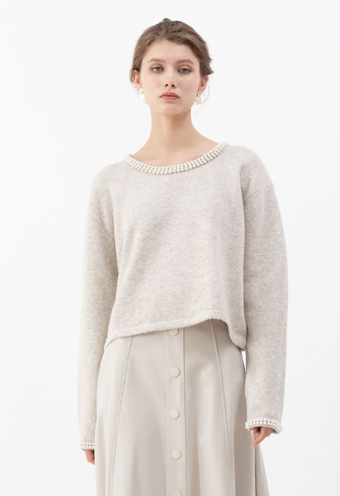 Shiny Pearly Round Neck Fluffy Knit Sweater in Taupe