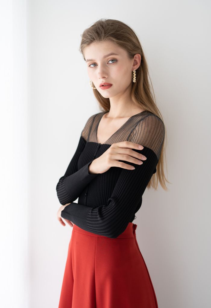 Mesh Shoulder Buttoned Fitted Knit Top in Black