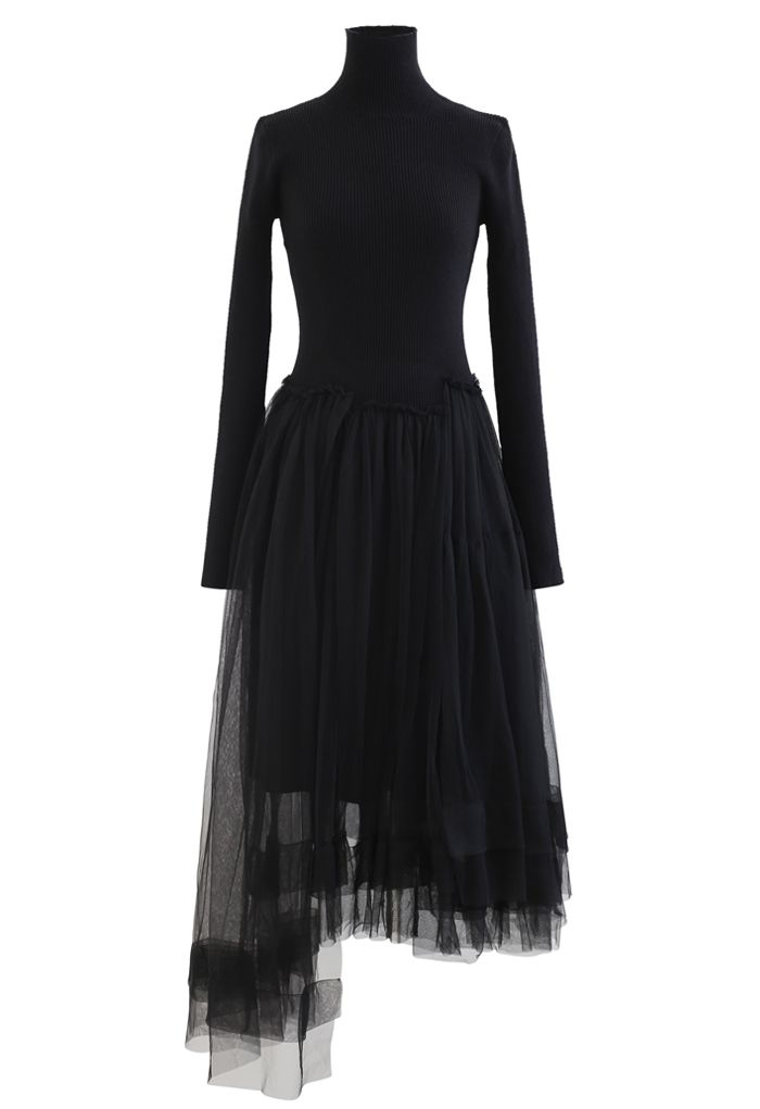 Knitted Splicing Asymmetric Layered Mesh Dress in Black