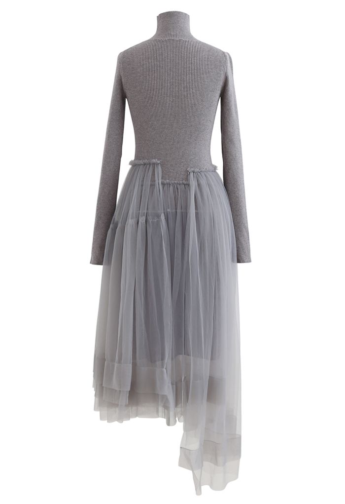Knitted Splicing Asymmetric Layered Mesh Dress in Grey