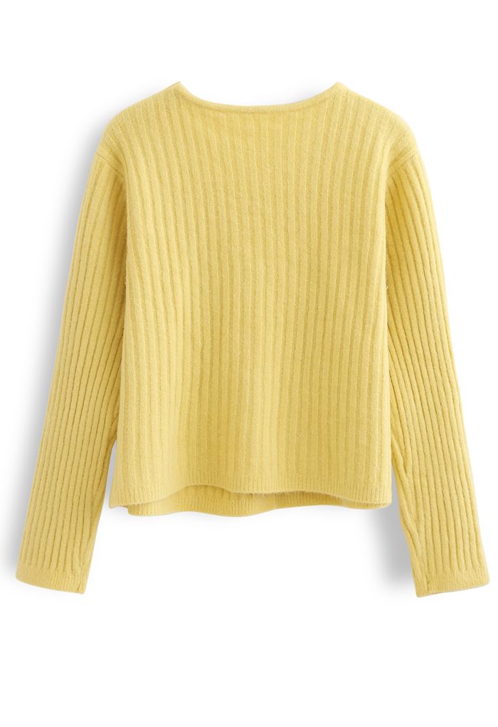 Cozy V-Neck Ribbed Knit Cardigan in Yellow