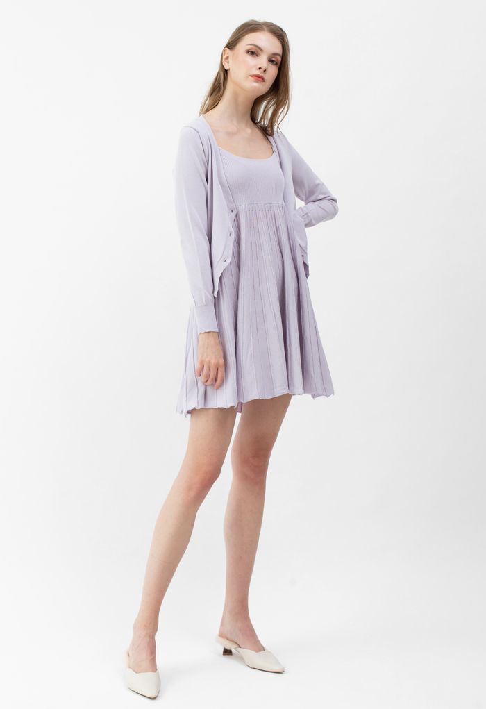 Knit Cardigan and Cami Dress Set in Lavender