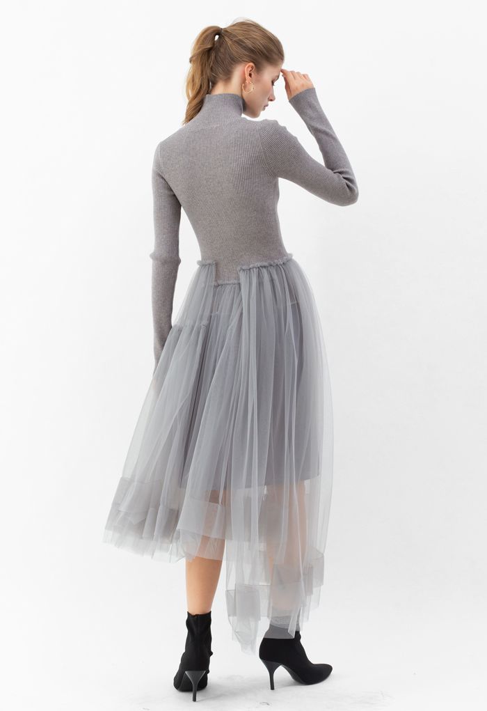 Knitted Splicing Asymmetric Layered Mesh Dress in Grey