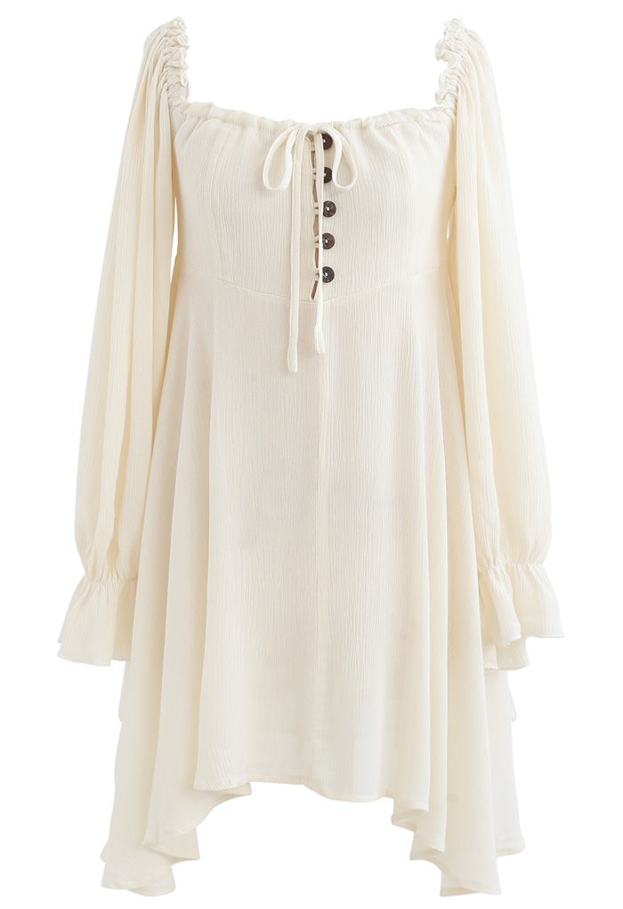 Square Neck Buttoned Asymmetric Mini Dress in Ivory