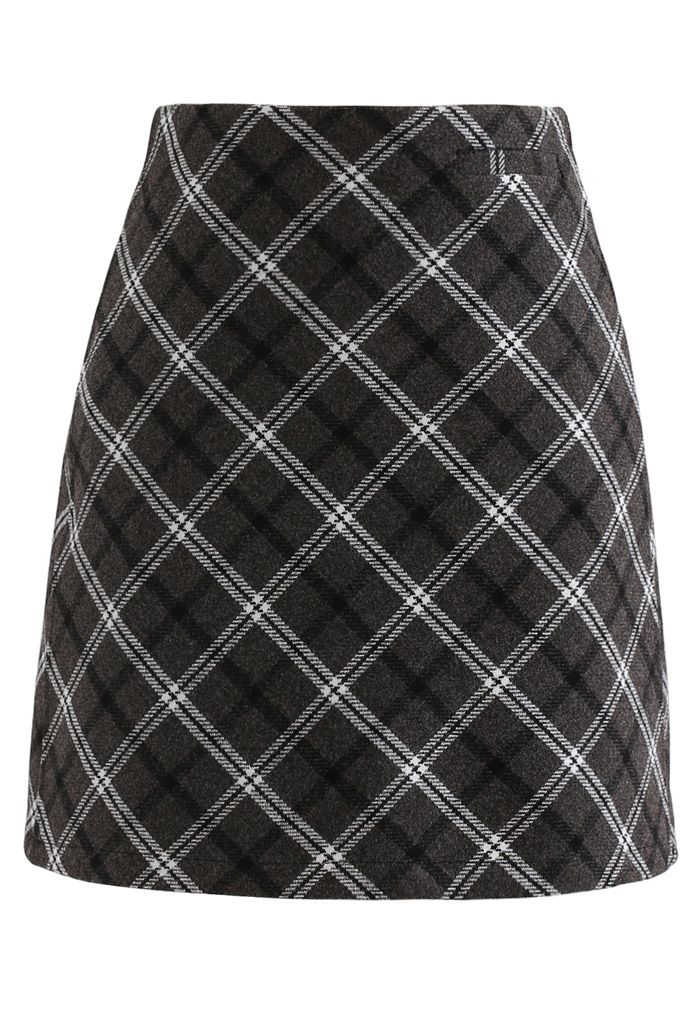 Stylish Plaid Wool-Blend Mini Skirt in Smoke