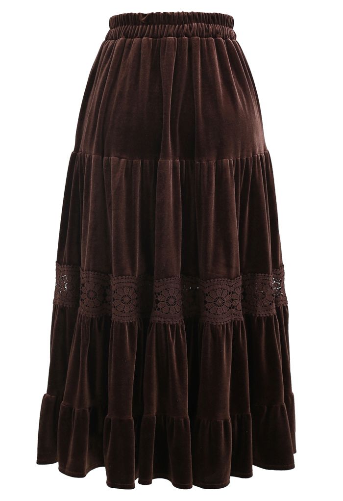 Velvet Crochet Spliced Pleated Skirt in Brown
