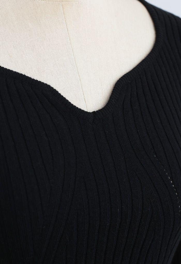 Square Neck Crop Fitted Rib Knit Top in Black
