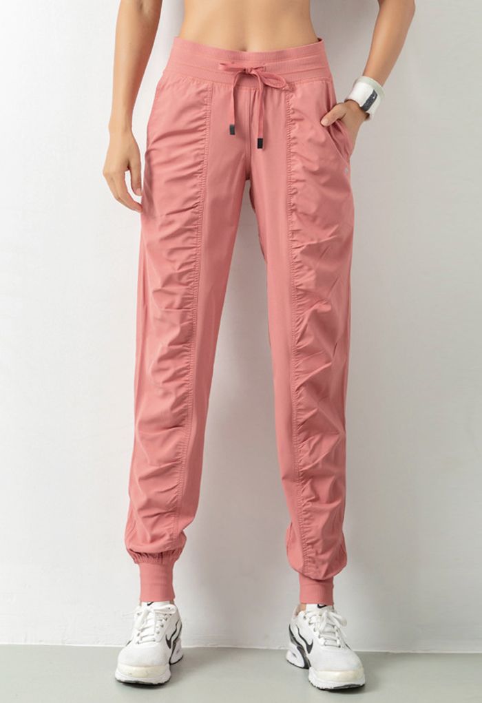 Drawstring Waist Ruched Detail Joggers in Dusty Pink