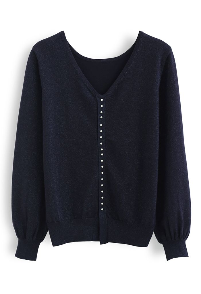 Pearl Trim Shimmer Knit Top in Navy