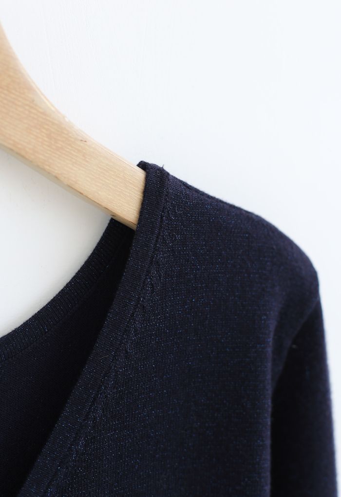 Pearl Trim Shimmer Knit Top in Navy