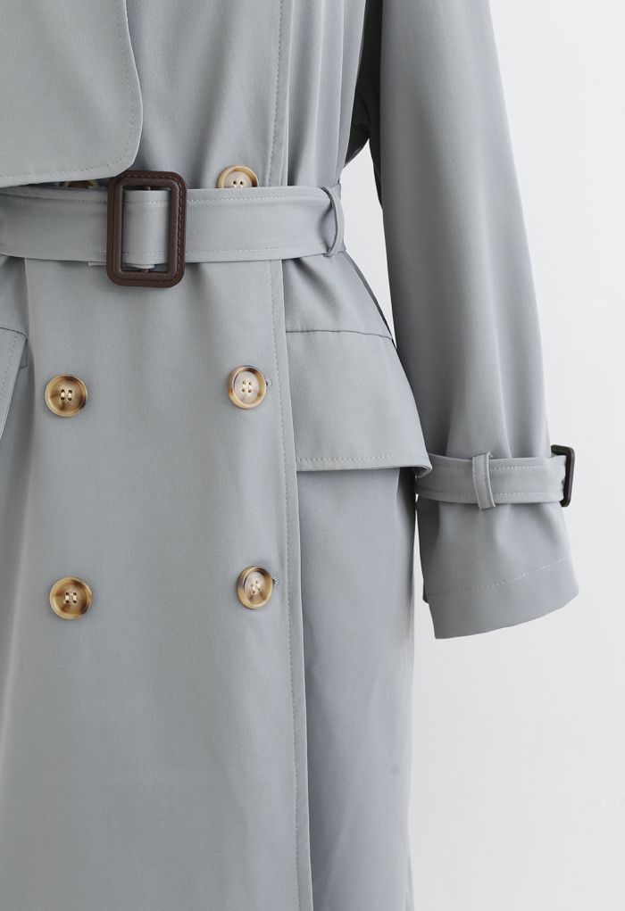 Flap Pockets Double-Breasted Belted Trench Coat in Dusty Blue