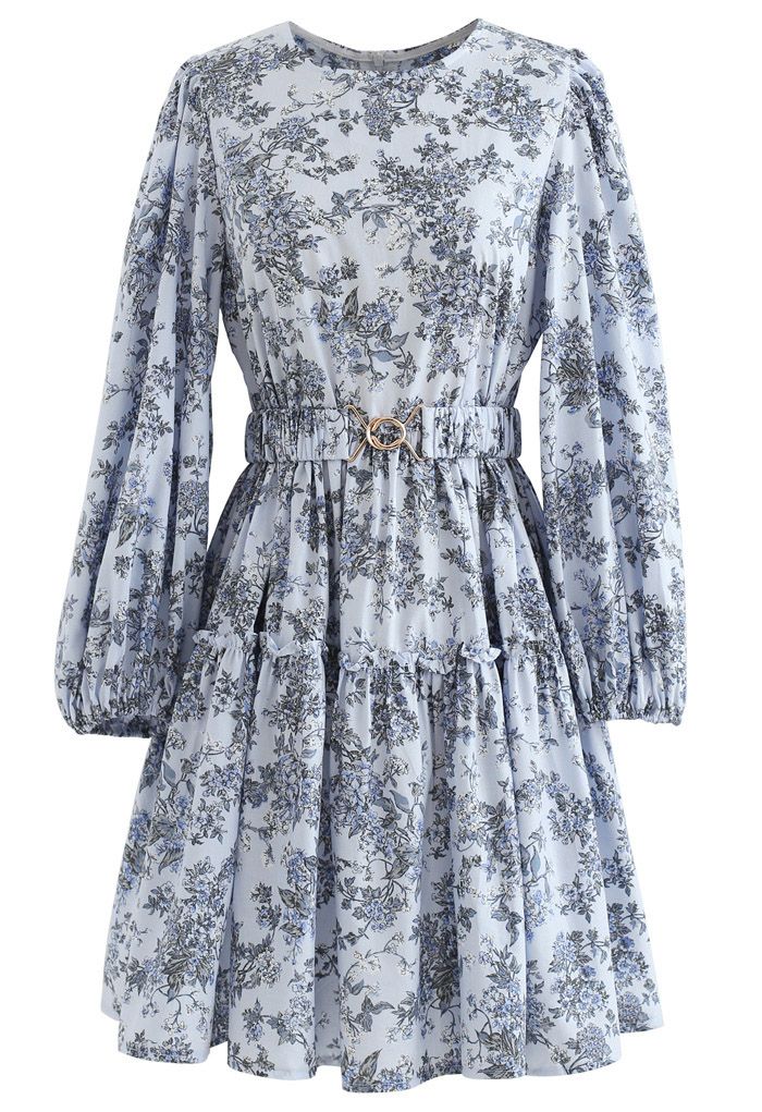 Blue Floral Printed Belted Dress