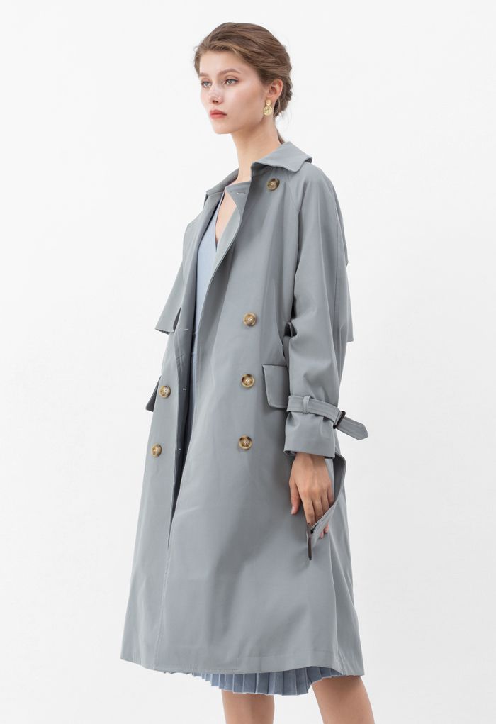 Flap Pockets Double-Breasted Belted Trench Coat in Dusty Blue