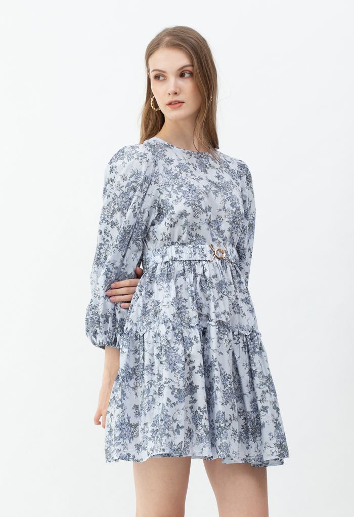 Blue Floral Printed Belted Dress