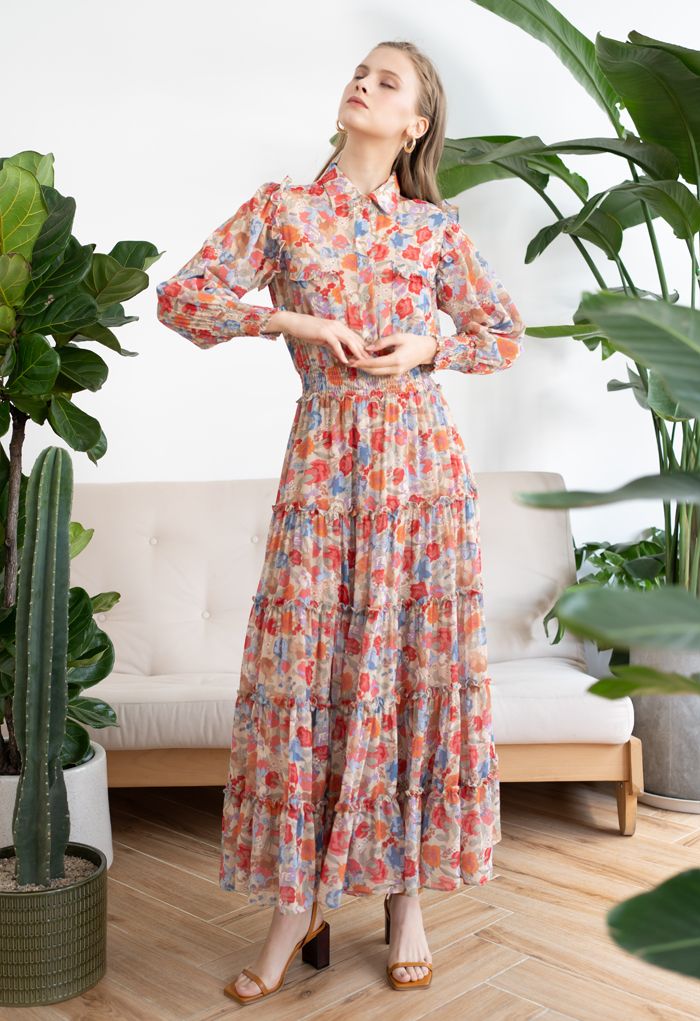 Wild Bloom Buttoned Semi-Sheer Maxi Dress