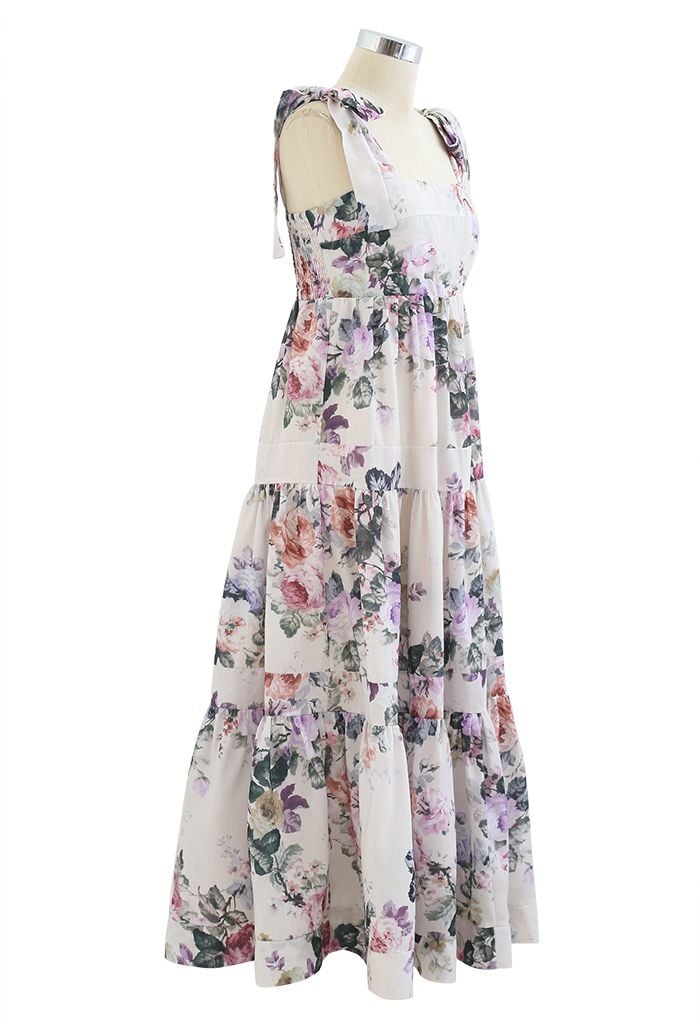 Watercolor Flowers Printed Tie-Strap Maxi Dress