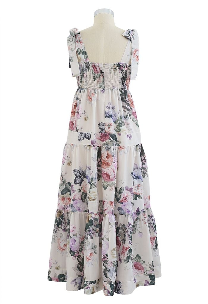 Watercolor Flowers Printed Tie-Strap Maxi Dress