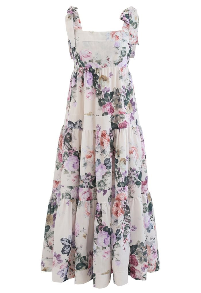 Watercolor Flowers Printed Tie-Strap Maxi Dress