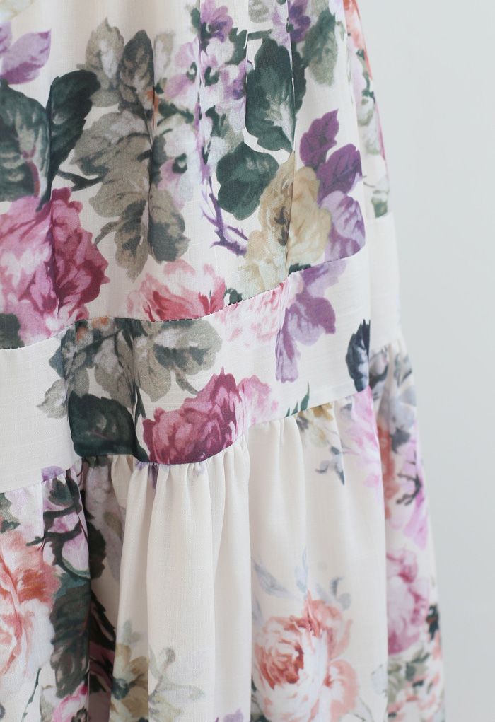 Watercolor Flowers Printed Tie-Strap Maxi Dress