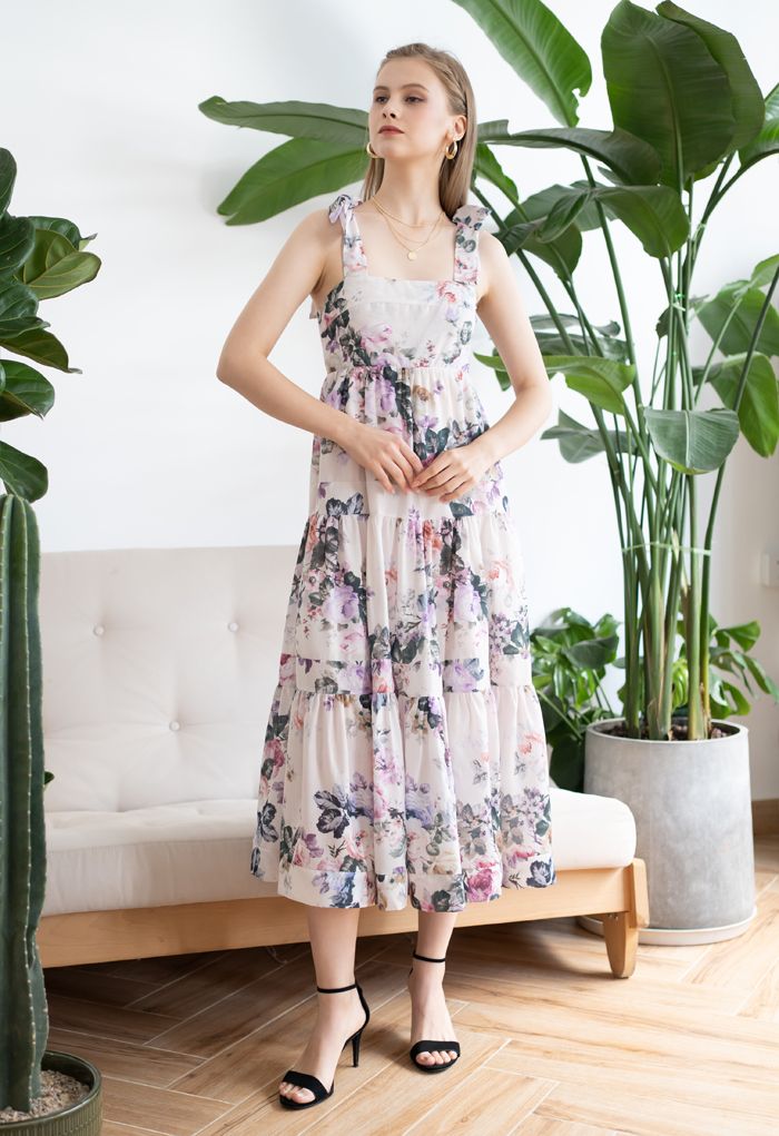 Watercolor Flowers Printed Tie-Strap Maxi Dress