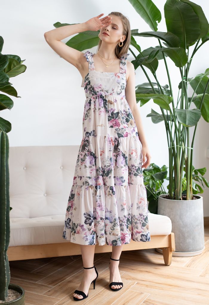 Watercolor Flowers Printed Tie-Strap Maxi Dress