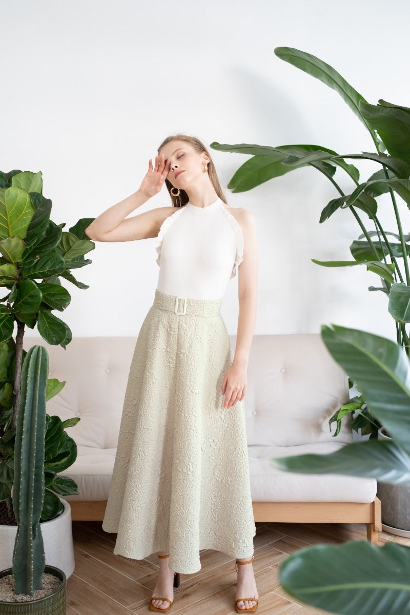 Rose Embossed A-Line Maxi Skirt in Sand