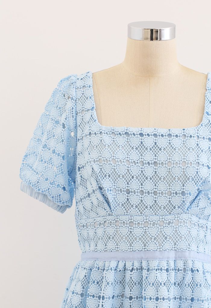 Full of Heart Crochet Square Neck Dress in Blue