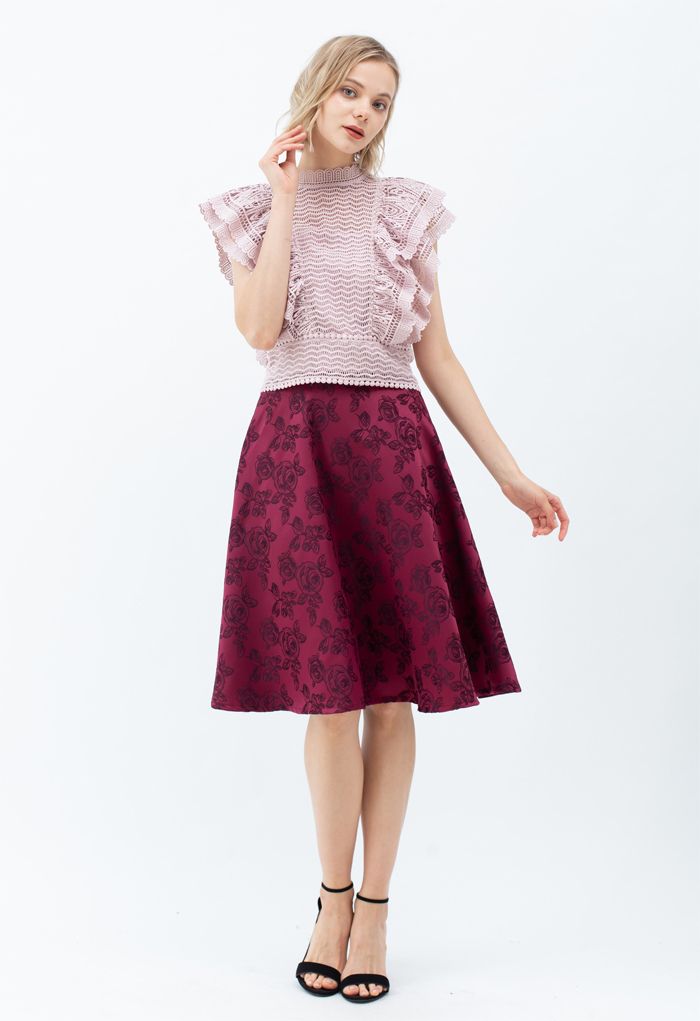 Wine Rose Jacquard A-Line Skirt