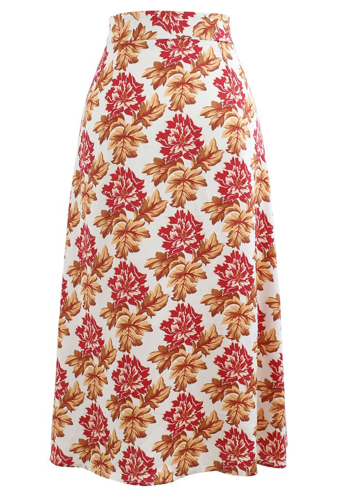 Red Floral Print Ruched Side Slip Skirt