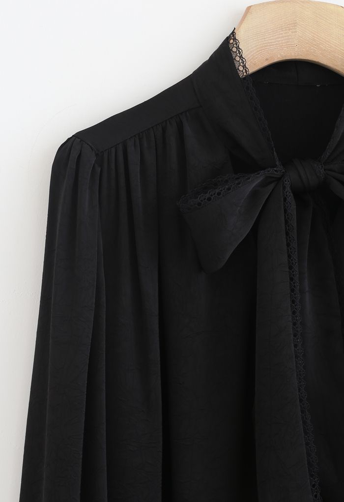 Lacy Edge Bowknot Textured Satin Top in Black