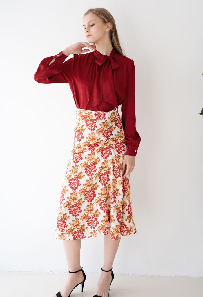 Red Floral Print Ruched Side Slip Skirt